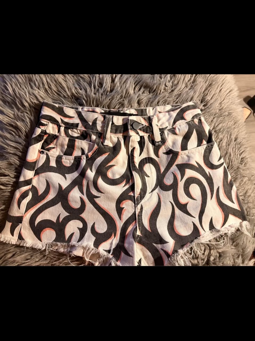 Alexander Wang White Denim Shorts with Black & Pink Flame Print
